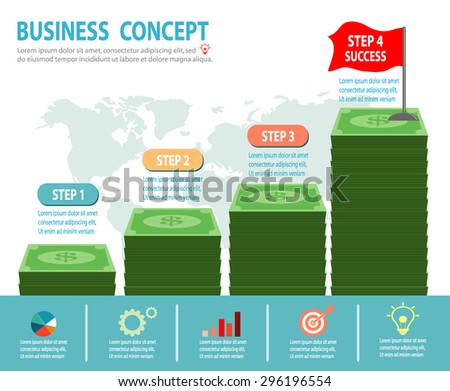 Successful businessman standing on money, Businessman on a ladder above the clouds, step by step,  person goes up the stairs, banner, diagram, web design,  infographics, Business Concept
