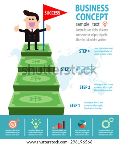 Successful businessman standing on money, Businessman on a ladder above the clouds, step by step,  person goes up the stairs, banner, diagram, web design,  infographics, Business Concept