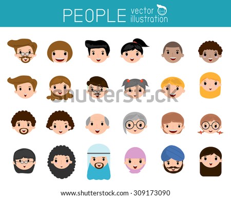 Set of cartoon people head, people head icon cartoon person face icon, people face, people and different nationalities , Vector Illustration