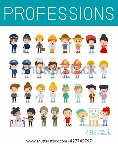 Kids Vector Characters Collection isolated on white background, professions for kids, children profession, different people professions characters set, kids profession, different professions