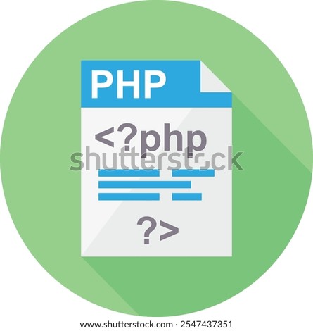 A modern PHP file icon featuring a code snippet, set against a vibrant green circle, perfect for web development and programming themes.