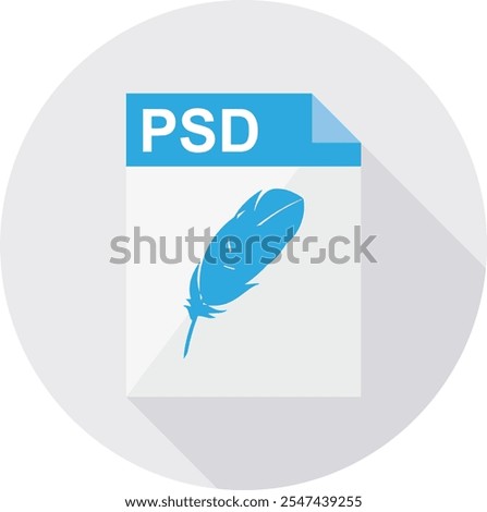 A modern PSD file icon featuring a feather symbol, set against a sleek gray circle, perfect for graphic design and editing themes.