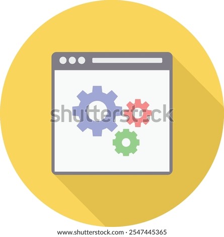 This vibrant icon illustrates a web browser window featuring colorful gears, symbolizing modern web development and software settings. 