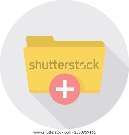 This vector icon showcases a yellow folder with a plus sign, representing new file creation and data expansion. Ideal for illustrating digital organization, document management, and efficient file sto