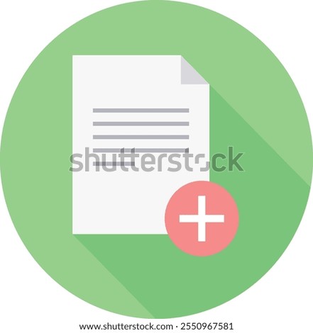 This vector icon features a document with a plus sign, symbolizing file addition and data management. Ideal for projects focused on digital organization, file creation, and efficient data handling.