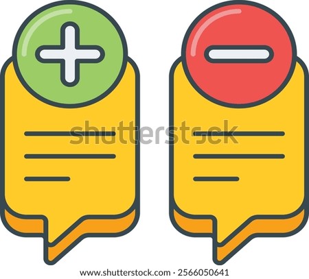 illustration of two speech bubbles, one with a plus sign and the other with a minus sign, symbolizing feedback and evaluation. Ideal for expressing opinions, ratings, and user interactions in digital 