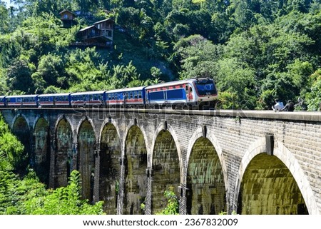 Similar – Image, Stock Photo Train on bridge amid lush plants in mountains