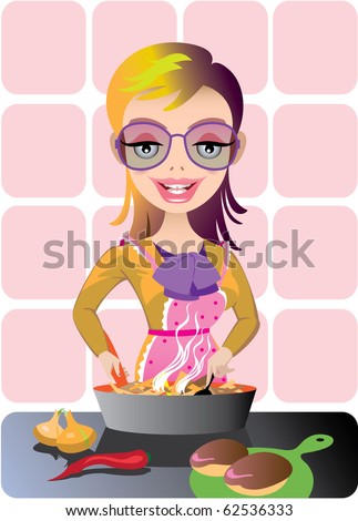 A woman,cooking at a kitchen. Vector illustration.
