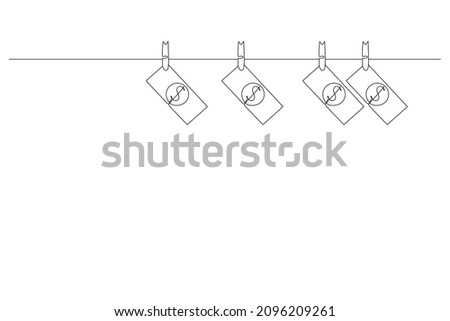 Continuous line drawing, Dollar bill hanging on rope attached with clothes pins. Money-laundering concept illustration of finance and business. Vector illustration.