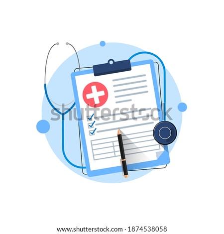clipboard with stethoscope, medical check form report, health checkup concept metaphor illustration flat design vector eps10. simple and modern style