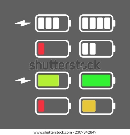Battery charging and level indicator concept illustration, glyph, and flat icon set design. Editable vector EPS10