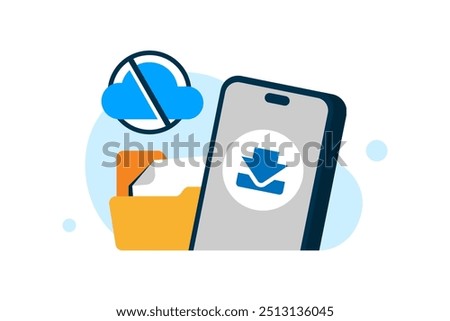 illustration of a mobile app offline access feature, featuring a smartphone, download icon, and folder. ideal for representing the availability and accessibility of media, files, or data