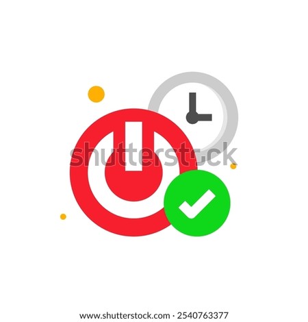 illustration of auto off feature with a power, clock, and check mark icon. Represents energy saving or automatic shutdown functionality. for use in technology, electronics, or ui designs