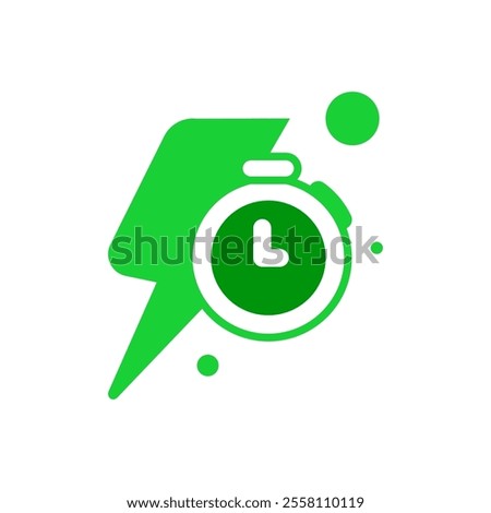 flat illustration featuring lightning bolt and stopwatch symbolizing fast charging. clean and minimalistic design for showcasing features like quick charge, fast power delivery, or energy efficiency