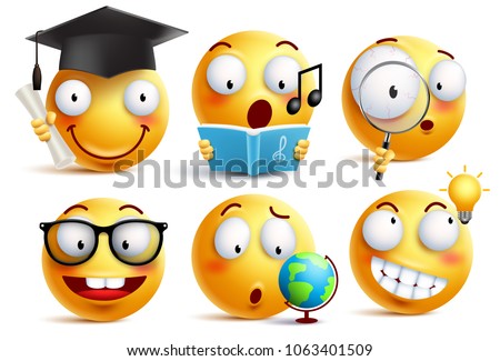 Smiley face student vector emoticons set with facial expressions and studying school activities isolated in white background. Back to school vector icons.
