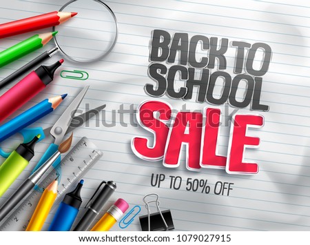 Back to school vector banner education discount promotion with sale text and colorful school items in white paper textured background. Vector illustration.