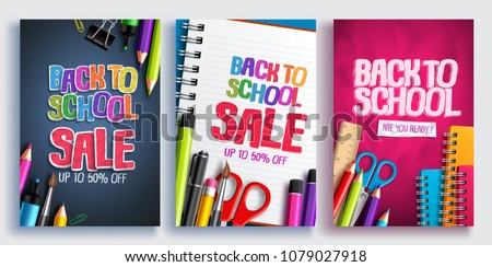 Back to school sale vector poster design set with colorful school supplies, educational items and sale text for shopping discount promotion. Vector illustration.