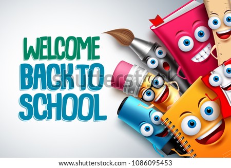 Back to school vector characters background template with funny education cartoon mascots like pencil and book and white space for text. Vector illustration.
