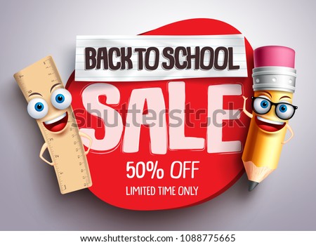 Back to school sale vector banner with funny school characters and red sale text in white background for education school shopping promotion. Vector illustration.
