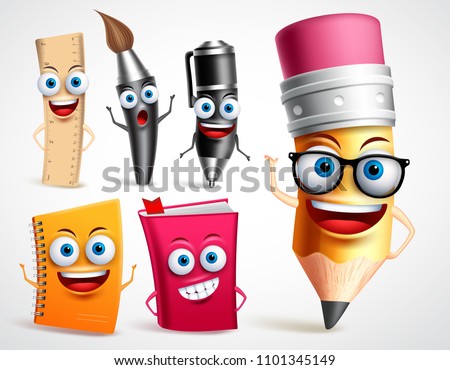 School characters vector illustration set. Education items 3D cartoon mascots like pencil and book for back to school elements in white background.
 Stock foto © 