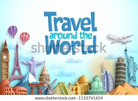 Travel around the world vector background design with famous landmarks and tourist destination elements in different places for tourism. Vector illustration.
