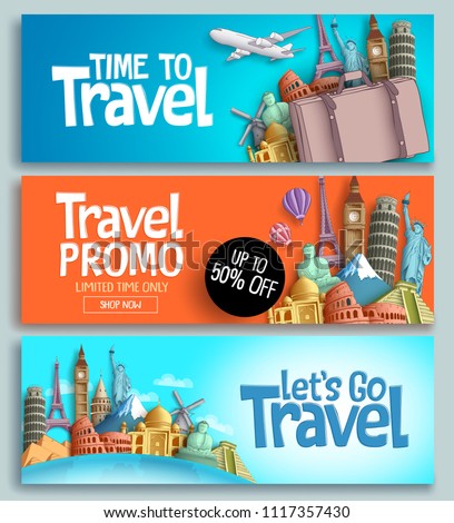 Travel banner set vector template design with travel and tour text and world's famous landmarks and tourist destinations elements in colorful background. Vector illustration.
