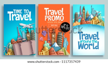 Travel poster set vector template design with promo text and world's famous landmarks and tourist destinations elements in colorful background. Vector illustration.
