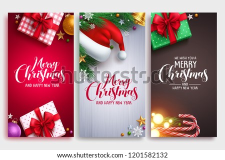 Christmas vector poster design set with colorful elements and merry christmas greeting text in an empty space. Vector illustration.
