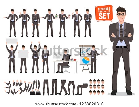 Male busines character vecor set. Cartoon character creation of business man standing and talking for business presentation wearing office attire with different pose. Vector illustration.
