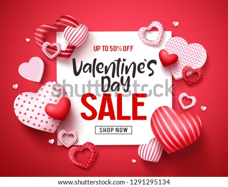 Valentines sale vector banner template. Valentines day store discount promotion with white space for text and hearts elements in red background. Vector illustration.
 Foto stock © 
