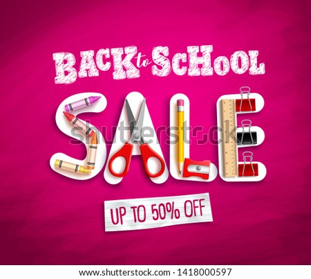 Back to school sale vector banner design with sale discount text and colorful school supplies and elements in pink background. Vector illustration.
