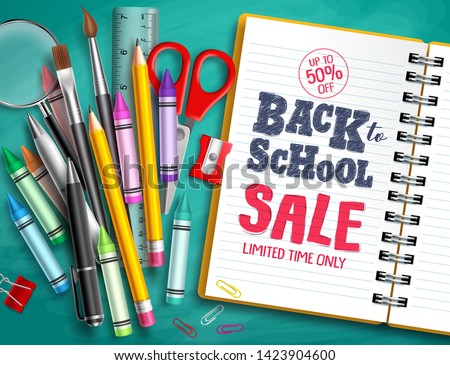 Back to school sale vector banner design with school supplies, education elements and back to school discount text in white paper. Vector illustration. 