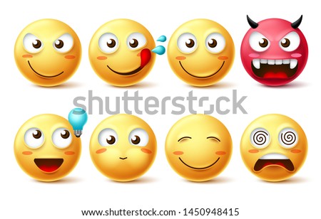 Emoticon icons vector set. Smiling faces emoticon happy, hungry, naughty, thinking, dizzy and evil facial expressions isolated in white background. Vector illustration.
