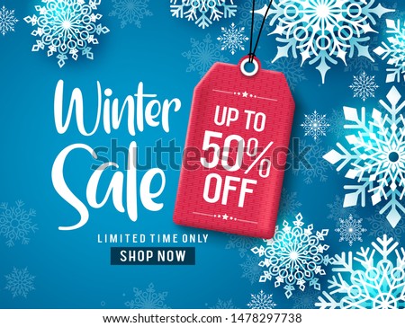 Winter sale vector banner design. Winter sale discount text with white snowflakes and red tag element in blue background.  Vector Illustration. 