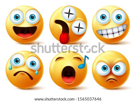 Emoji face vector set. Emojis or emoticon cute faces with happy, dizzy, singing, angry, surprise, sad and crying facial expression isolated in white background. Vector illustration.
