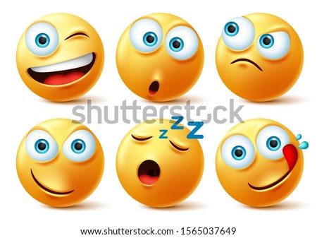 Emoticon faces vector set. Emoticons of yellow face in naughty, sleepy, hungry, surprise and angry in 3d realistic avatar isolated in white background. Vector illustration.