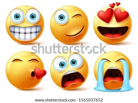 Emojis and emoticons face vector set. Emoticon of cute yellow faces in kissing, in love, crying, surprise, and happy facial expressions isolated in white background. Vector illustration.