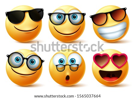 Emoji or emoticon faces wearing sunglasses and eyeglasses vector set. Emoticons or icon face head in surprise, cute, happy and surprise with shades isolated in white background. Vector illustration. 

