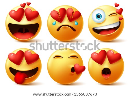 Emoticon and emoji with heart vector faces set. Emoticons of red heart with in love, broken, kissing, surprise and funny cute expression isolated in white background. Vector illustration. 