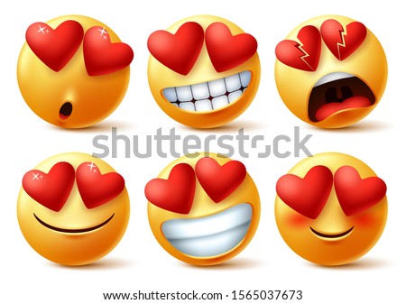 Emoticons or emojis face with heart eye vector set. Emoji of red hearts with in love, broken, blissful, happy and funny for love sign and symbol isolated in white background. Vector illustration.  