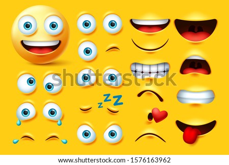 Emoticon character creation vector set. Emoji face kit eyes and mouth in angry, crazy, crying, naughty, kissing and laughing expression isolated in yellow background. Vector illustration.