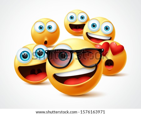 Emojis famous celebrity vector concept. Famous emoticon yellow faces group in 3d realistic avatar with cute, funny, excited, happy and smiling expression in white background. Vector illustration.