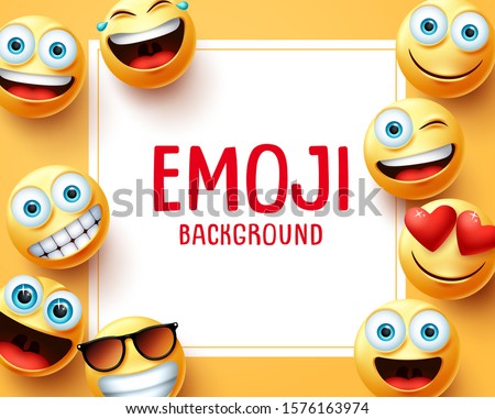 Emoji emoticons vector background template. Emoji background text in white space with group of emojis face elements in yellow background. Vector illustration. 