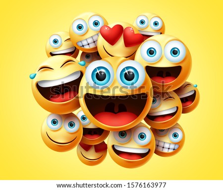 Emoticons group vector design. Emoticon cute faces group in excited, laughing, funny, happy and naughty feelings or mood for sign and symbol in yellow background. Vector illustration.