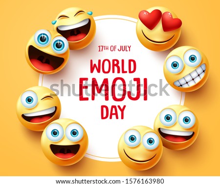 World emoji day vector background template. World emoji day text in circle white frame with cute emojis face and different facial expression in yellow empty background. Vector illustration. 