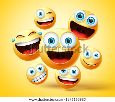 Emoticon and emoji group vector design. Emoticons cute face head group in happy, laughing, smiling, funny, and naughty facial expression while jumping in yellow background. Vector illustration.