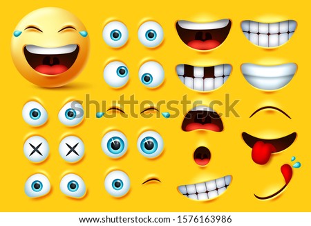 Emoji creation kit vector set. Emoticons and emojis face kit eyes and mouth in surprise, excited, hungry, and funny feelings isolated in yellow background. Vector illustration.