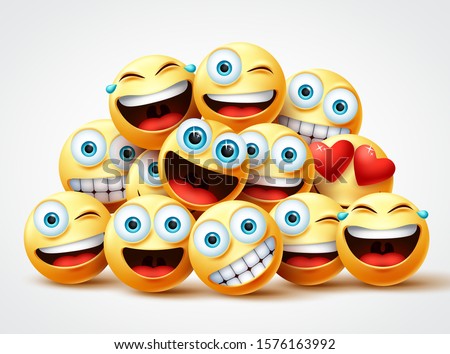 Emoji faces group vector design. Emojis yellow circle face group with cute, laughing, funny, surprise and happy emotions in white background. Vector illustration.