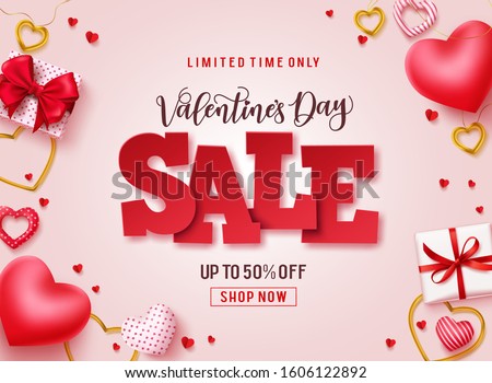 Valentines day sale vector promotional banner. Sale text with hearts, gifts and jewelry elements in pink background for valentines day discount promotion. Vector illustration.