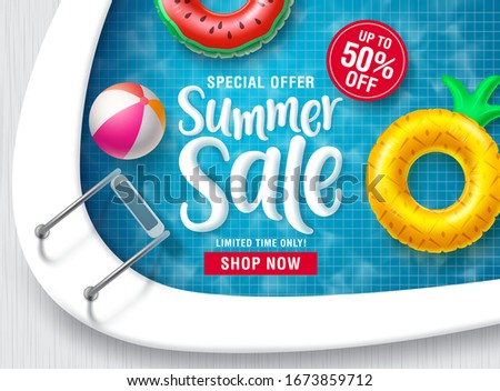 Summer sale vector banner design. Summer discount promotion text with floating beach elements in swimming pool background for seasonal promotion purposes. Vector illustration.